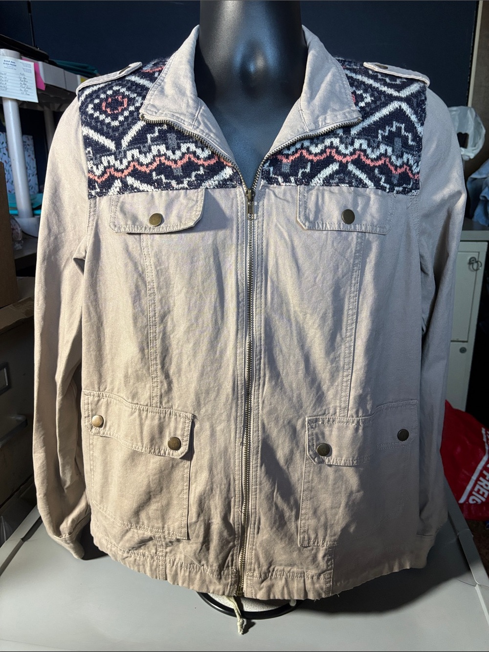 Light Beige Women's Blu Pepper Utility Jacket with Patterned Yoke C-102
